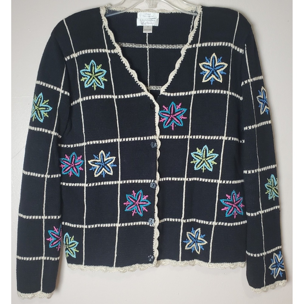 Vintage Y2K Hand Embroidered Cardigan Sweater Women's Medium Boho Grandma Phoebe